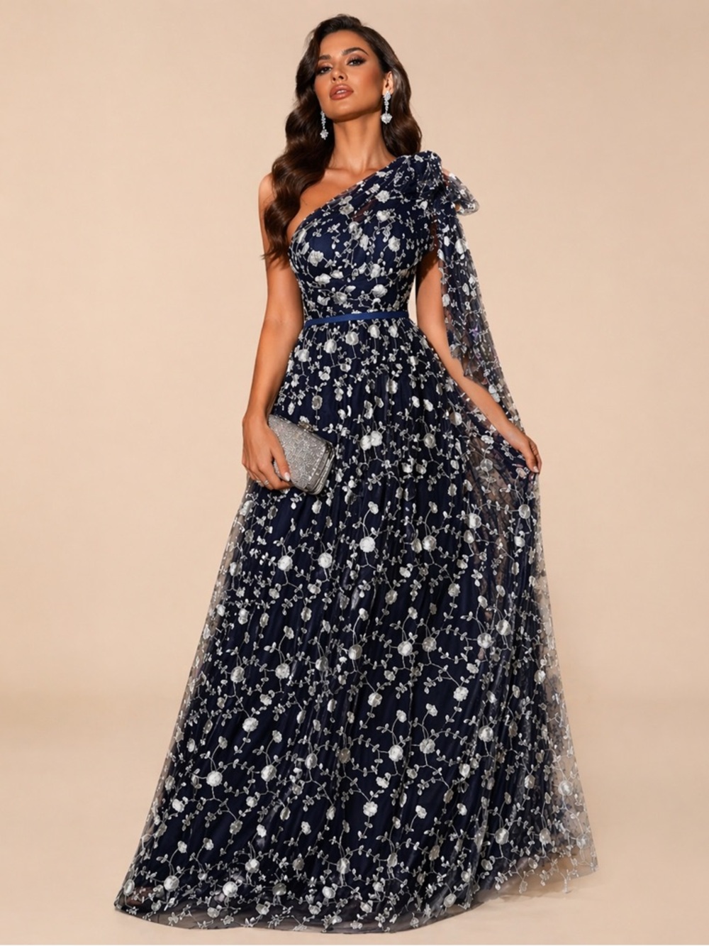 Lulus Navy One Shoulder Embroidered Mesh Maxi Dress Prom Formal Wedding Guest XS